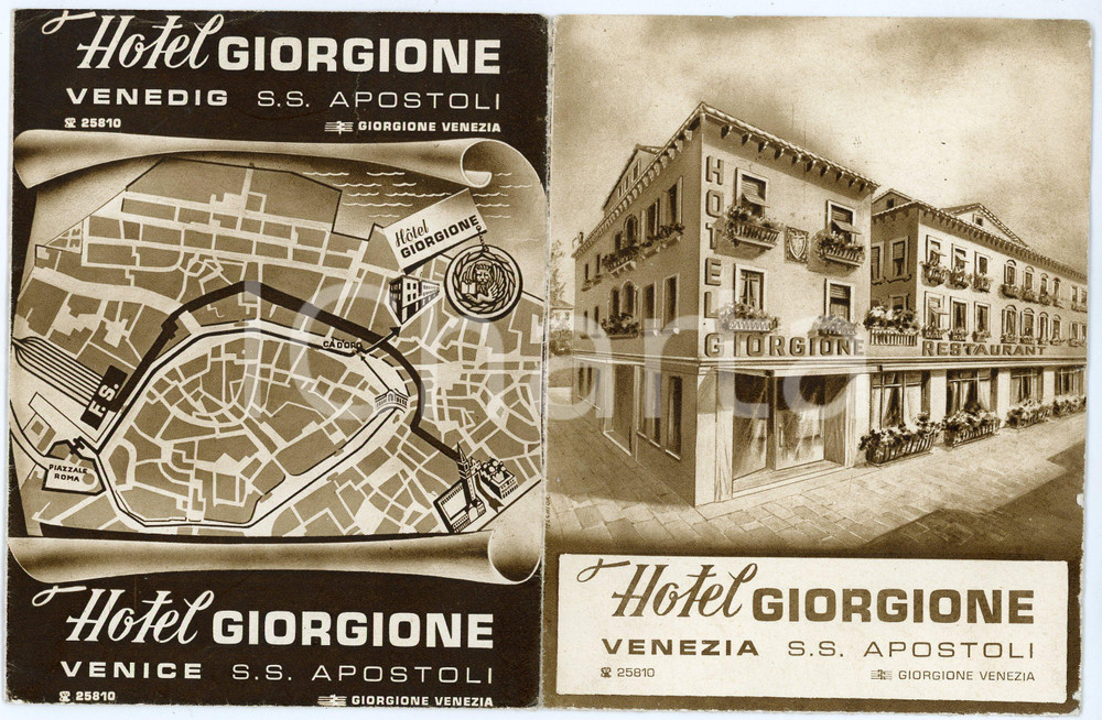 Materiale pubblicitario d’epoca 1950 ca VENEZIA  S.S. APOSTOLI Hotel Giorgione  Pieghevole ILLUSTRATO 1