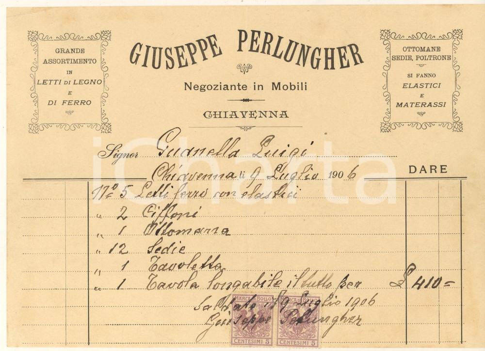 Documento originale, autentico 1906 CHIAVENNA SO Giuseppe PERLUNGHER Negoziante in mobili Fattura 1
