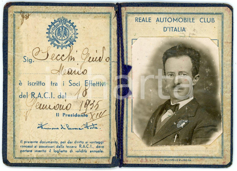 Oggetto da collezione cartaceo 1935 RACI Reale Automobile Club d Italia  Tessera di Guido Mario SECCHI 1