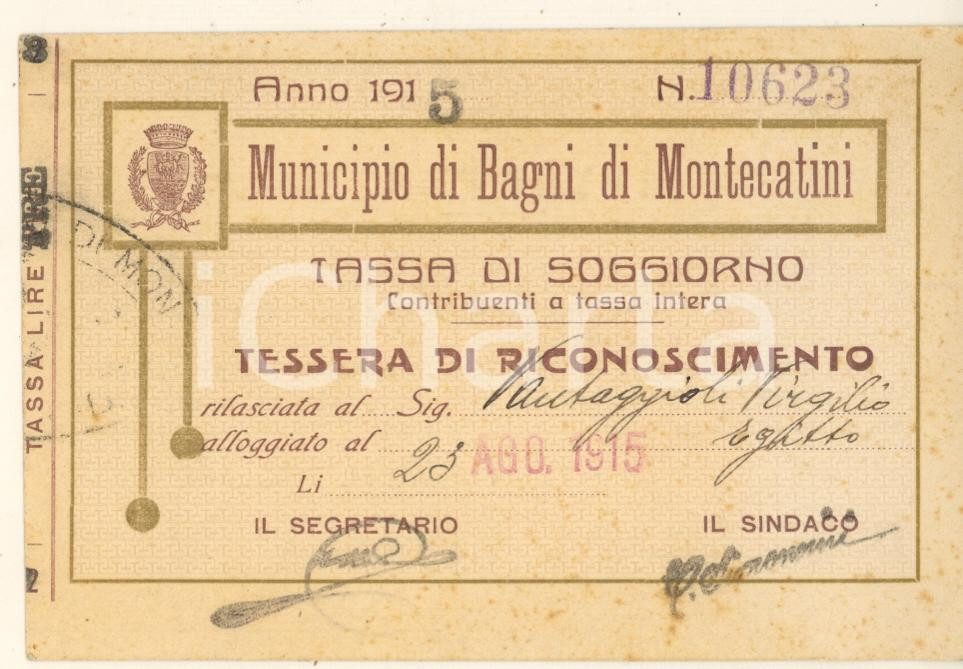 Oggetto da collezione cartaceo 1915 MONTECATINI TERME Tessera di riconoscimento  Tassa di soggiorno 1