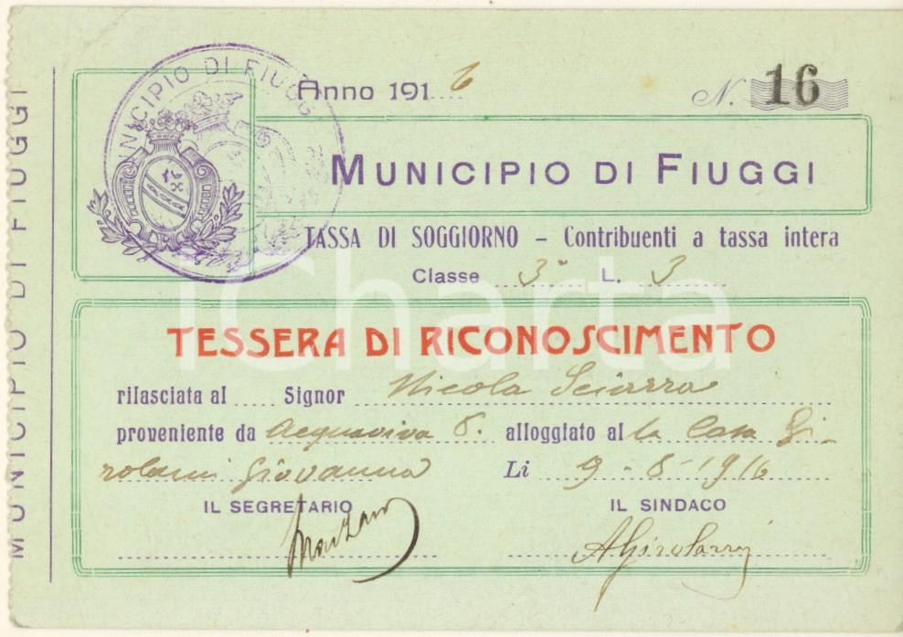 Oggetto da collezione cartaceo 1916 FIUGGI FR Tessera di riconoscimento  Tassa di soggiorno 1