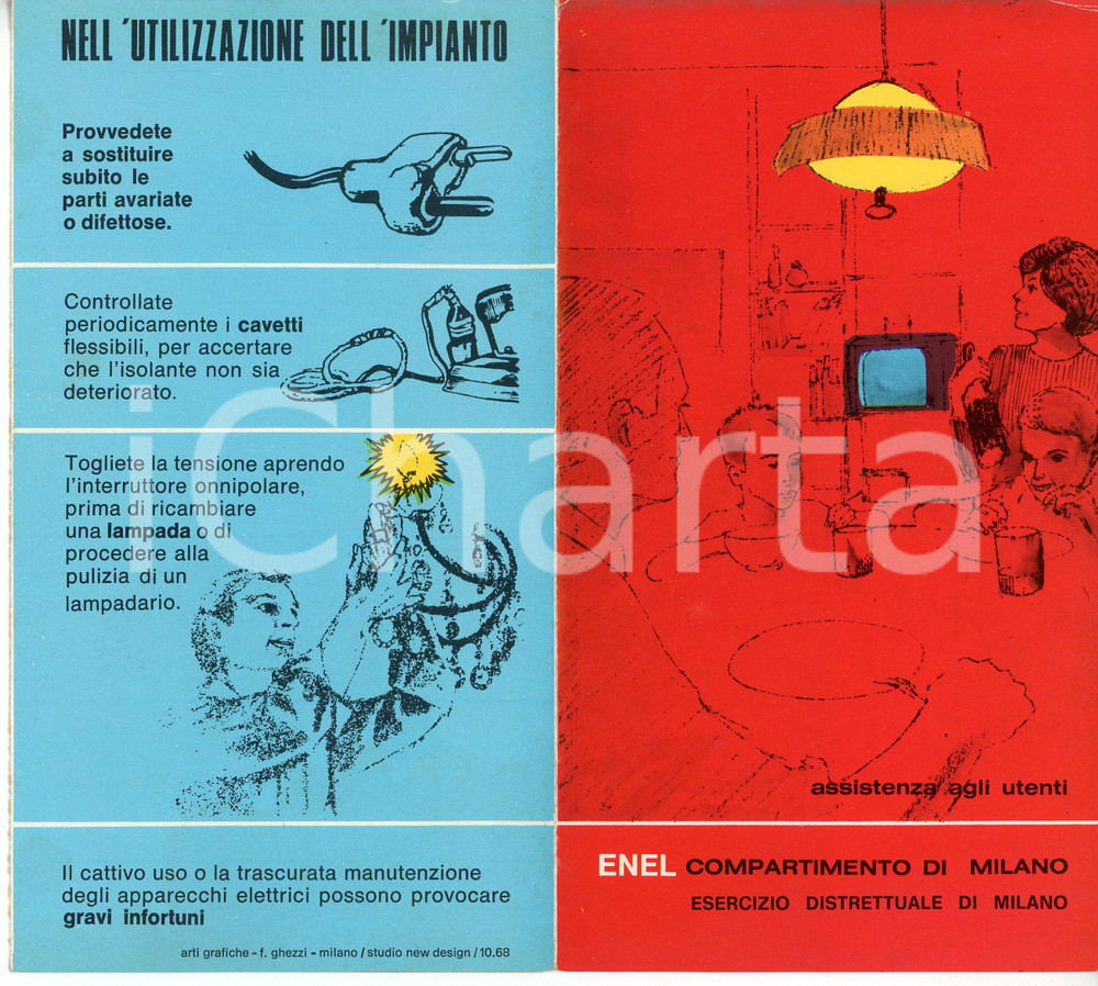 Oggetto da collezione cartaceo 1968 ENEL Compartimento di MILANO Assistenza agli utenti  Pieghevole illustrato 1