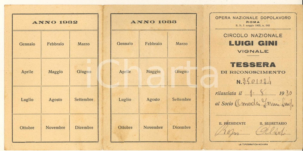 Oggetto da collezione cartaceo 1930 OND VIGNALE AL Circolo nazionale LUIGI GINI  Tessera di riconoscimento 1