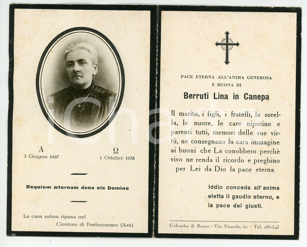 Oggetto da collezione cartaceo 1933 PORTACOMARO In memoria di Lina BERRUTI in Canepa  Santino ILLUSTRATO 1