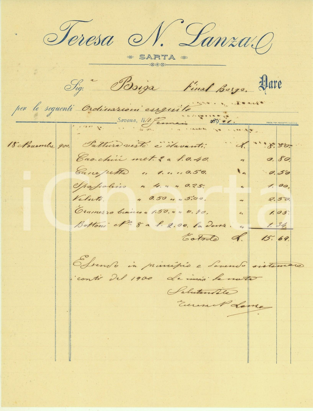 Documento originale, autentico 1901 SAVONA Teresa N. LANZA Sarta  Fattura manoscritta lavori 1