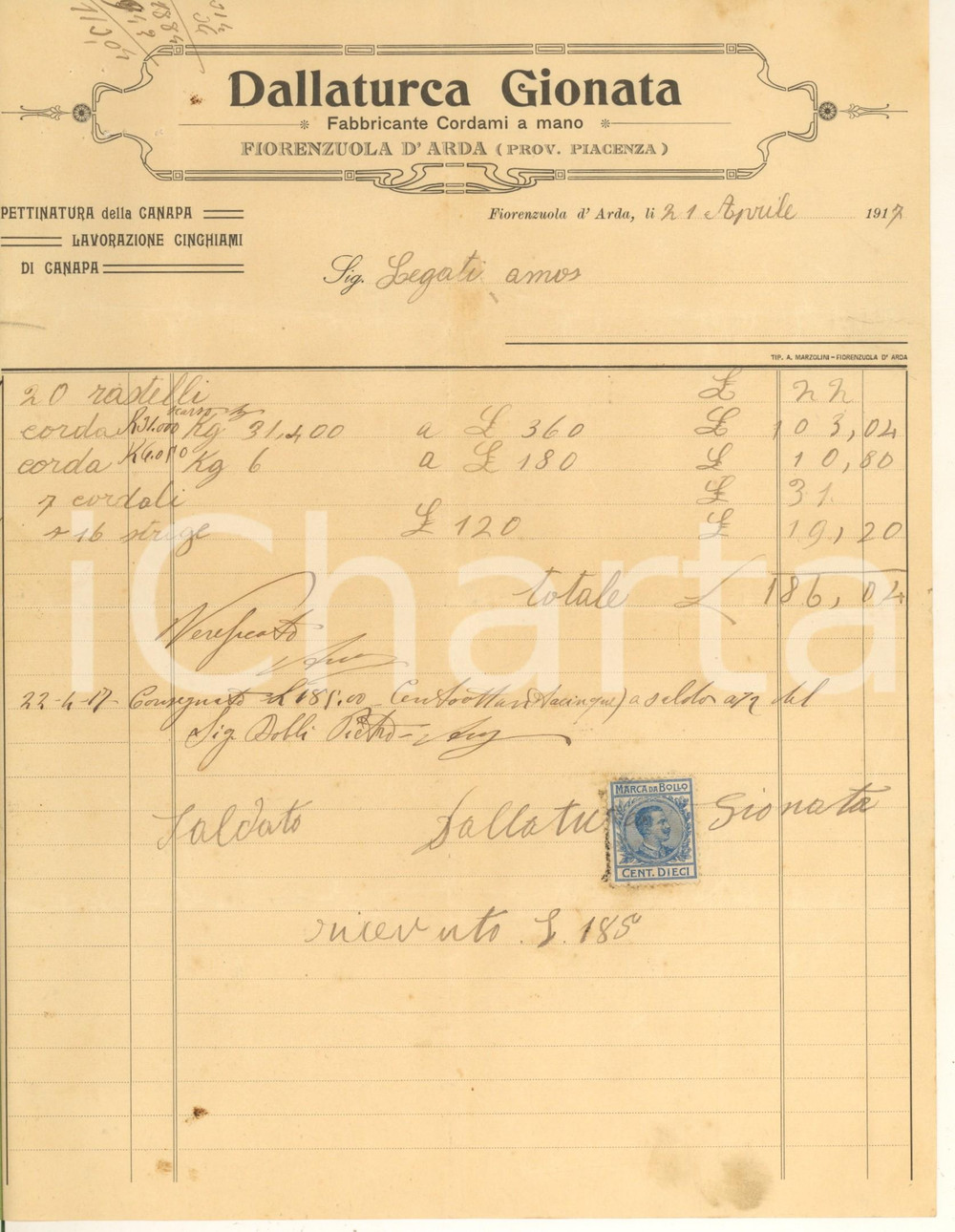 Documento originale, autentico 1917 FIORENZUOLA D ARDA  DALLATURCA Gionata  Cordami a mano Fattura 1