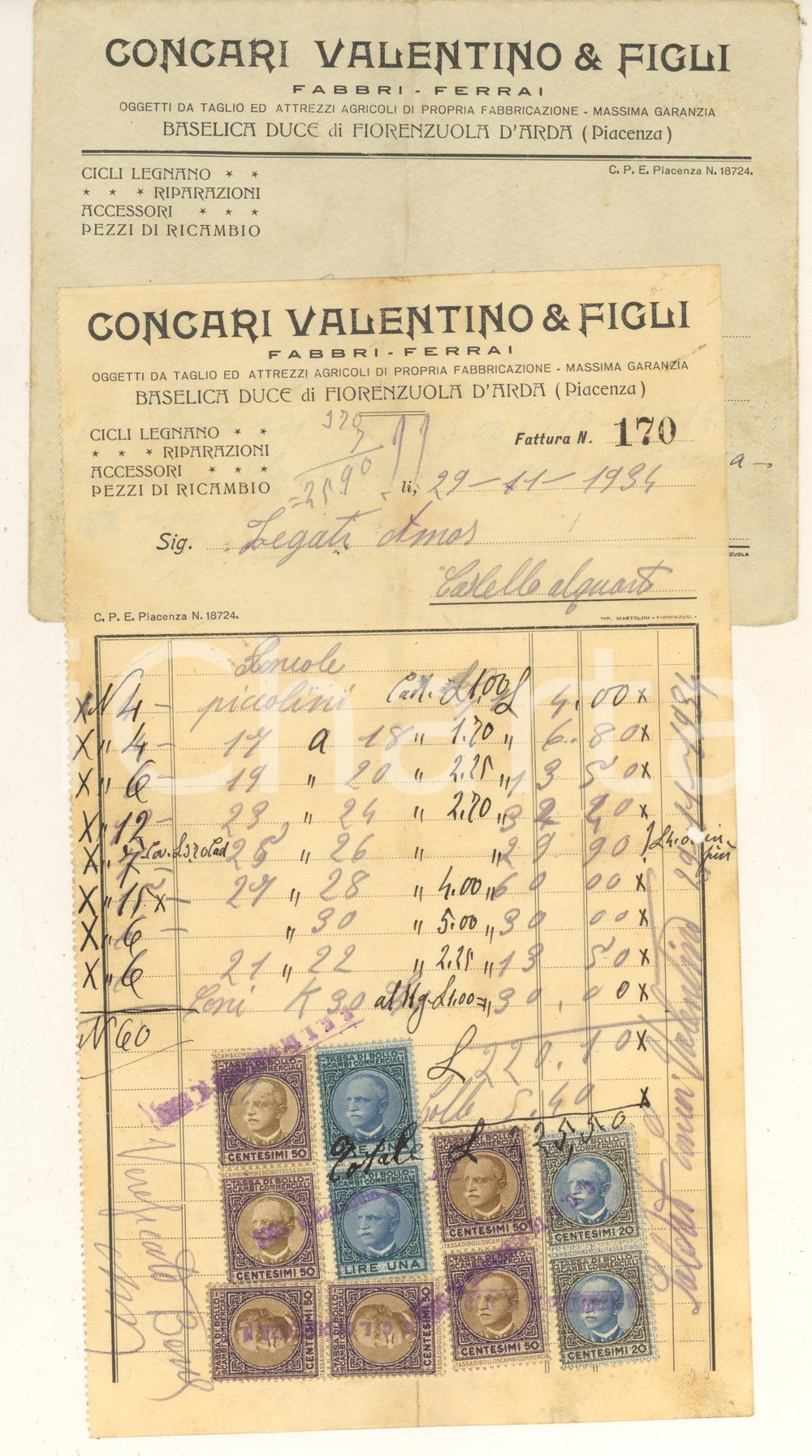 Documento originale, autentico 1934 BASELICADUCE / FIORENZUOLA D ARDA  CONCARI Valentino  Fabbri Fattura 1