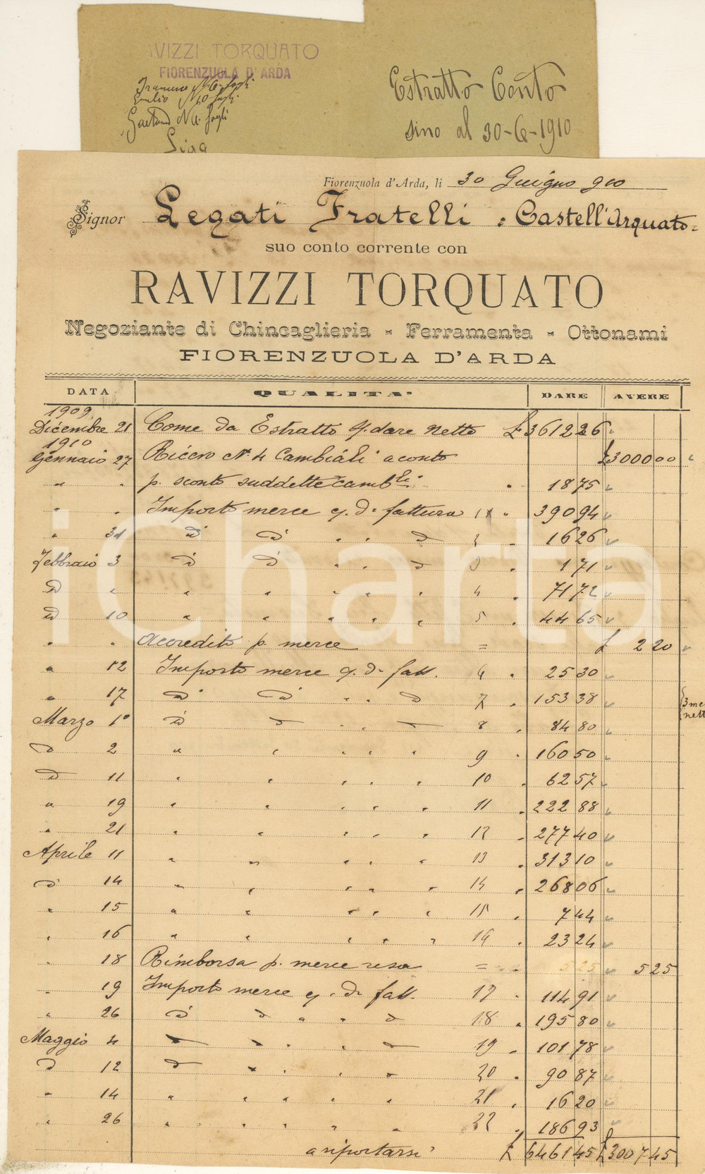 Documento originale, autentico 1910 FIORENZUOLA D ARDA Torquato RAVIZZI negoziante di chincaglieria Fattura 1