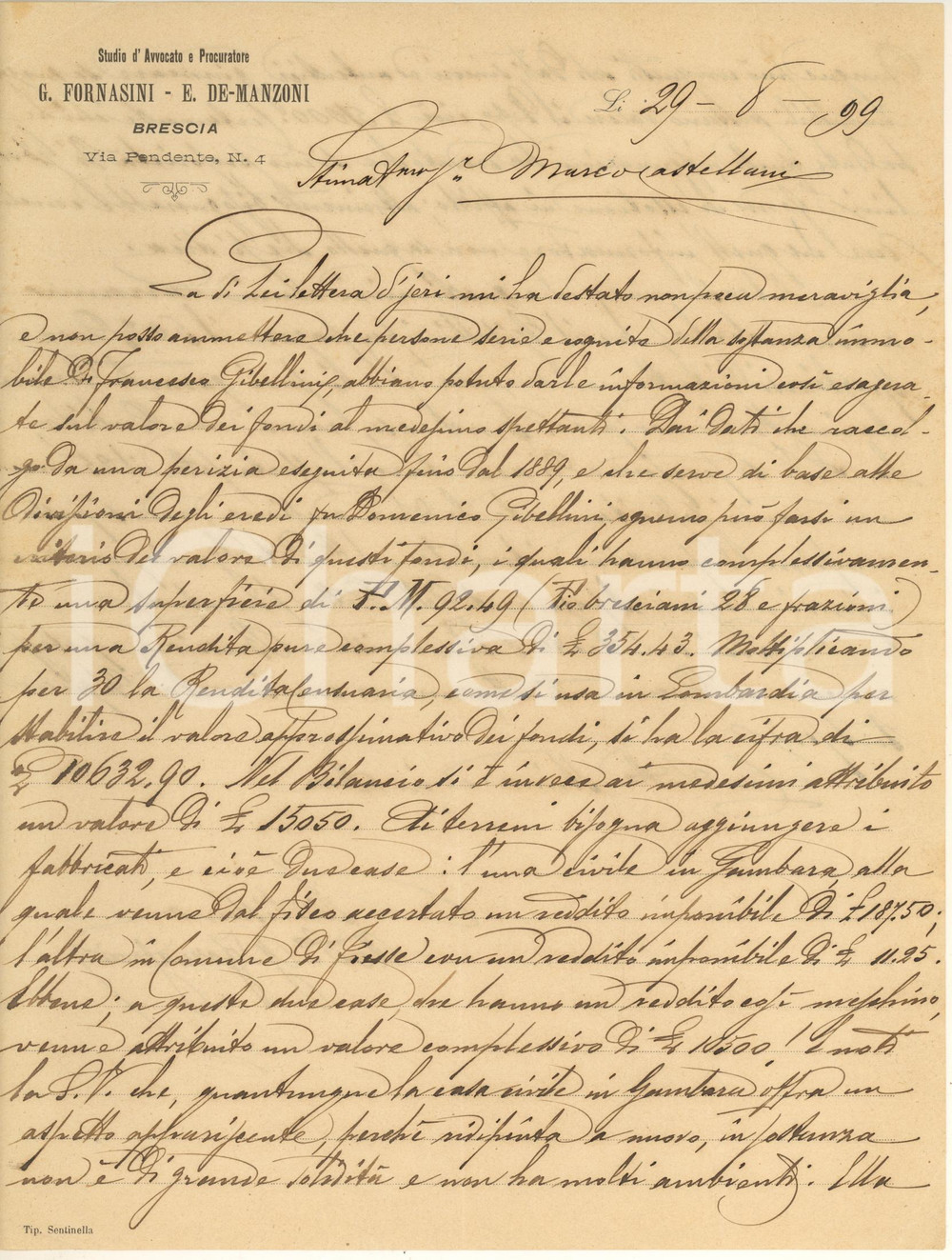 Autografo originale 1899 BRESCIA Lettera Gaetano FORNASINI avvocato su immobili Gibellini Autografo 1