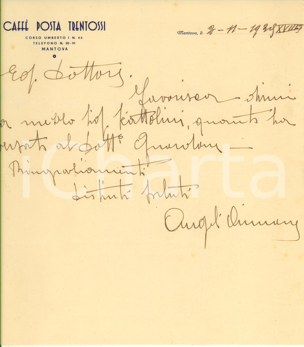 Manoscritto, lettera originale 1939 MANTOVA Corso Umberto I 46  Caffé Posta TRENTOSSI Lettera carta intestata 1