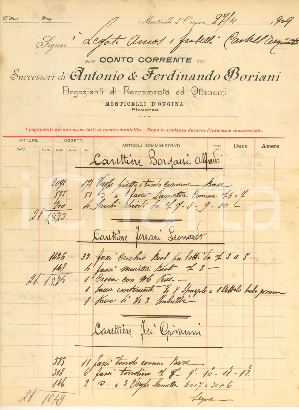 Documento originale, autentico 1909 MONTICELLI D ONGINA Succ. Antonio & Ferdinando BORIANI Ferramenta  Conto 1