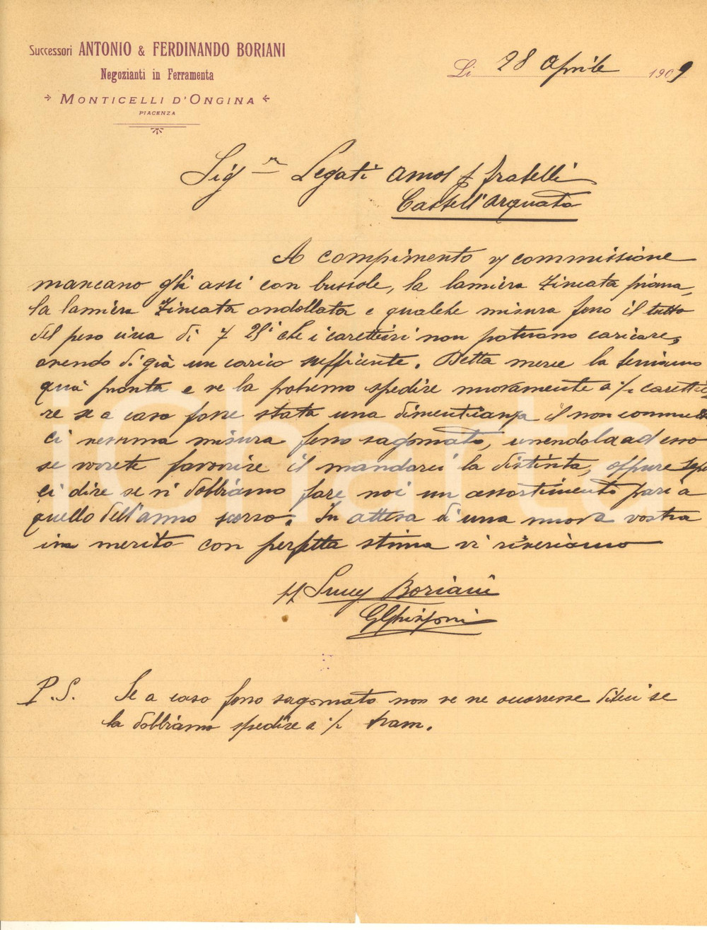 Documento originale, autentico 1909 MONTICELLI D ONGINA Succ. Antonio & Ferdinando BORIANI Ferramenta  Lettera 1