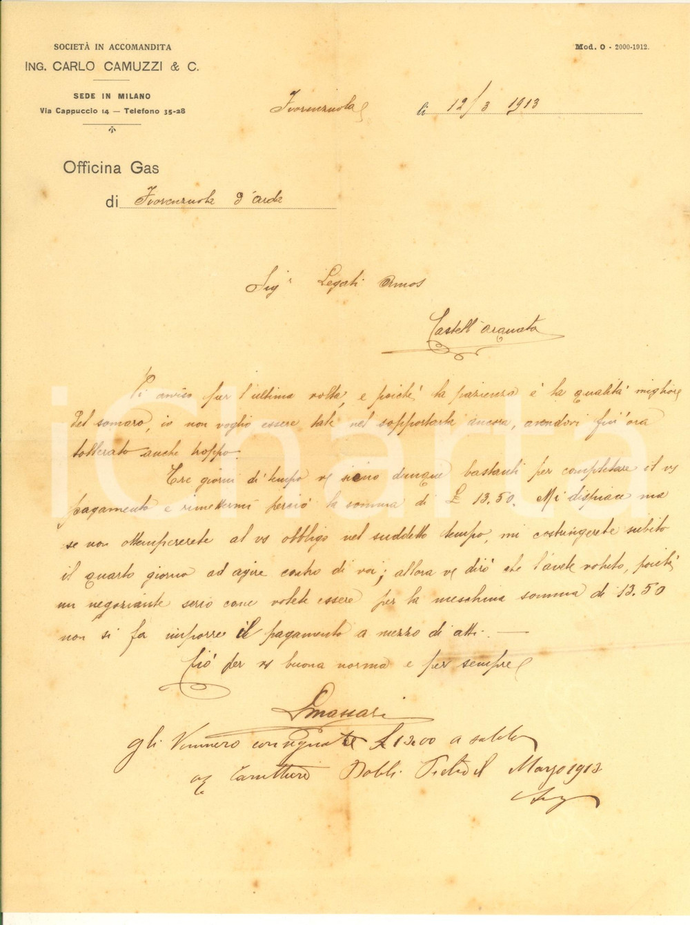 Documento originale, autentico 1913 FIORENZUOLA D ARDA Officina Gas / MILANO Soc. Ing. Carlo CAMUZZI Lettera 1