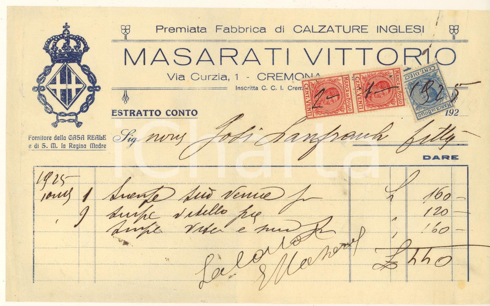 Documento originale, autentico 1925 CREMONA  MASARATI VITTORIO Fabbrica calzature inglesi  Estratto conto 1