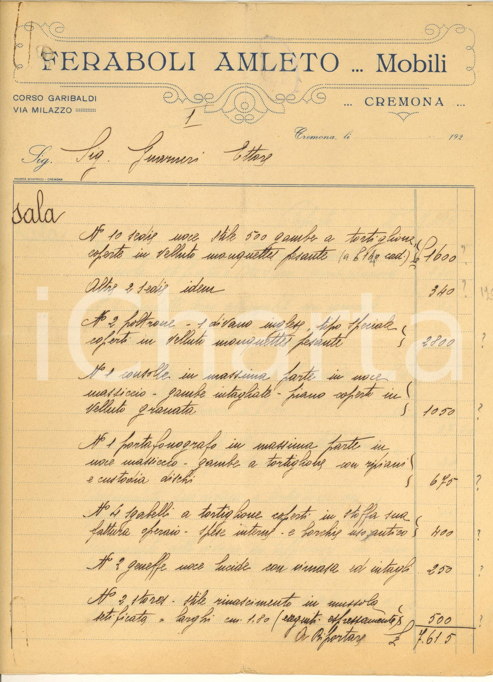 Documento originale, autentico 1920 ca CREMONA  FERABOLI Amleto  Mobili  Conto per arredi casa 1