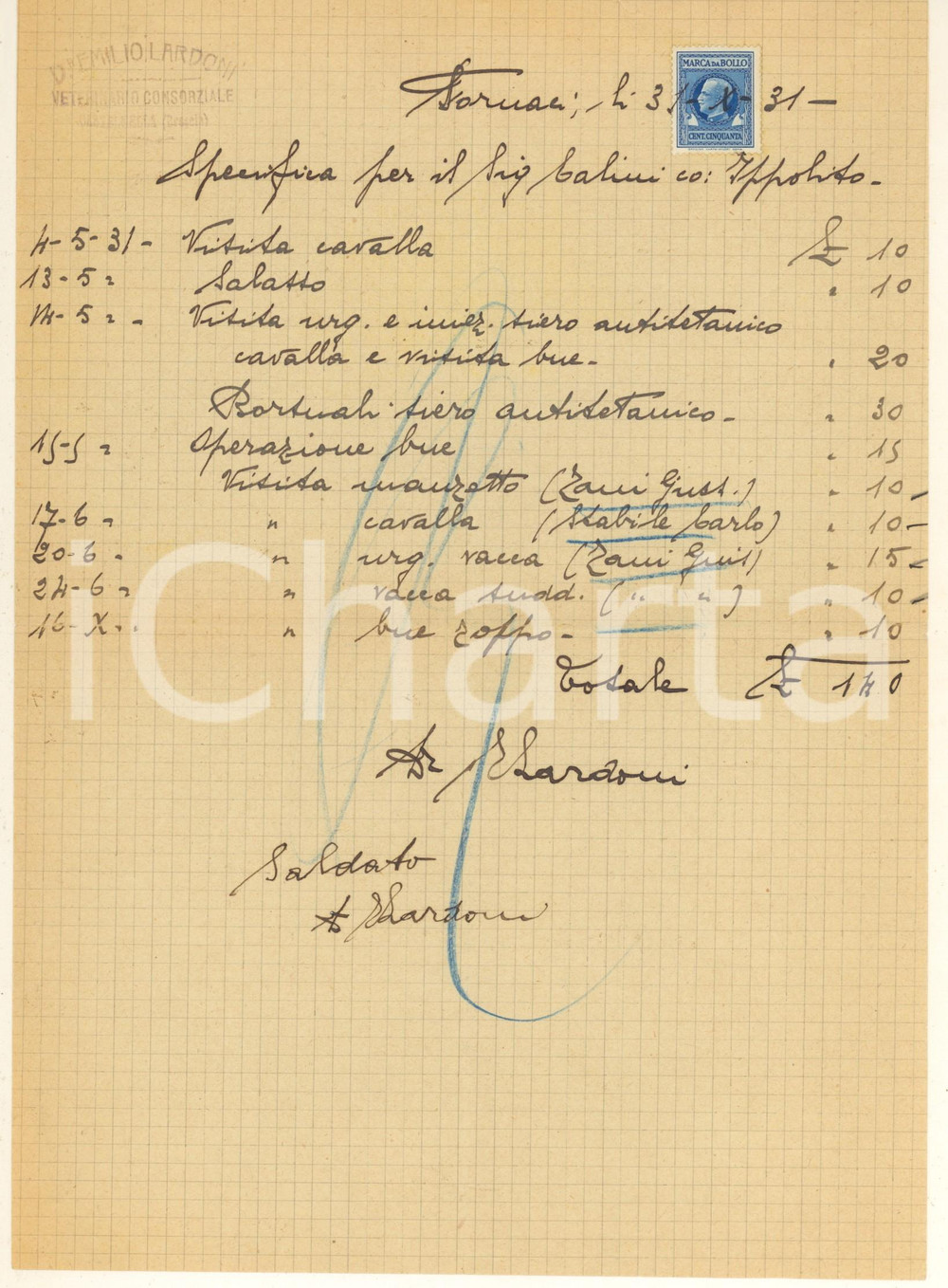 Documento originale, autentico 1931 CASTEL MELLA BS Emilio LARDONI veterinario consorziale Conto manoscritto 1