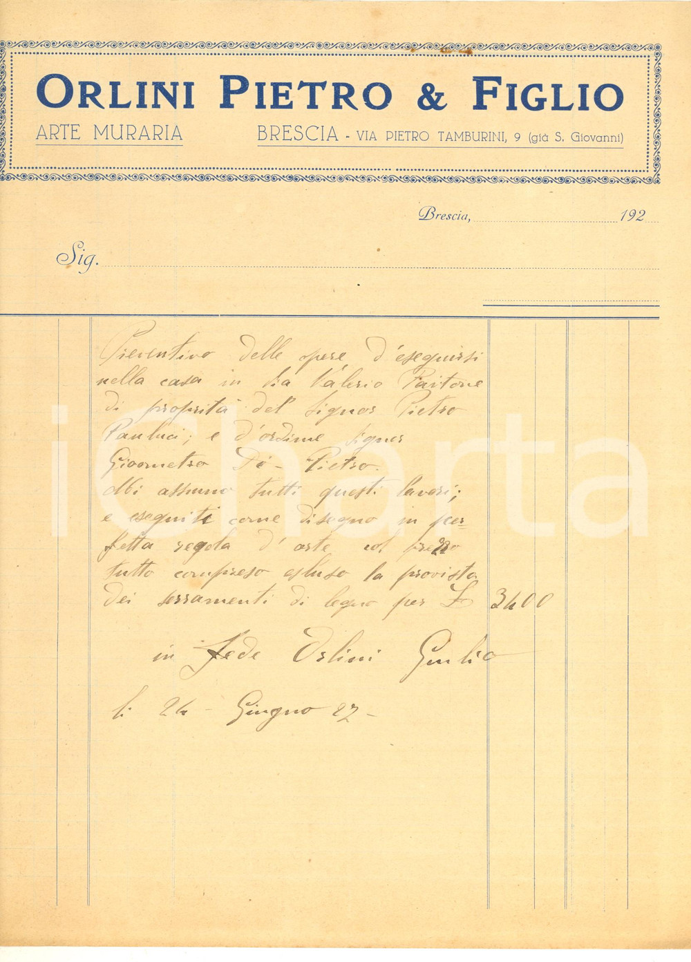 Documento originale, autentico 1927 BRESCIA  ORLINI Pietro & Figlio  Arte muraria  Preventivo lavori 1