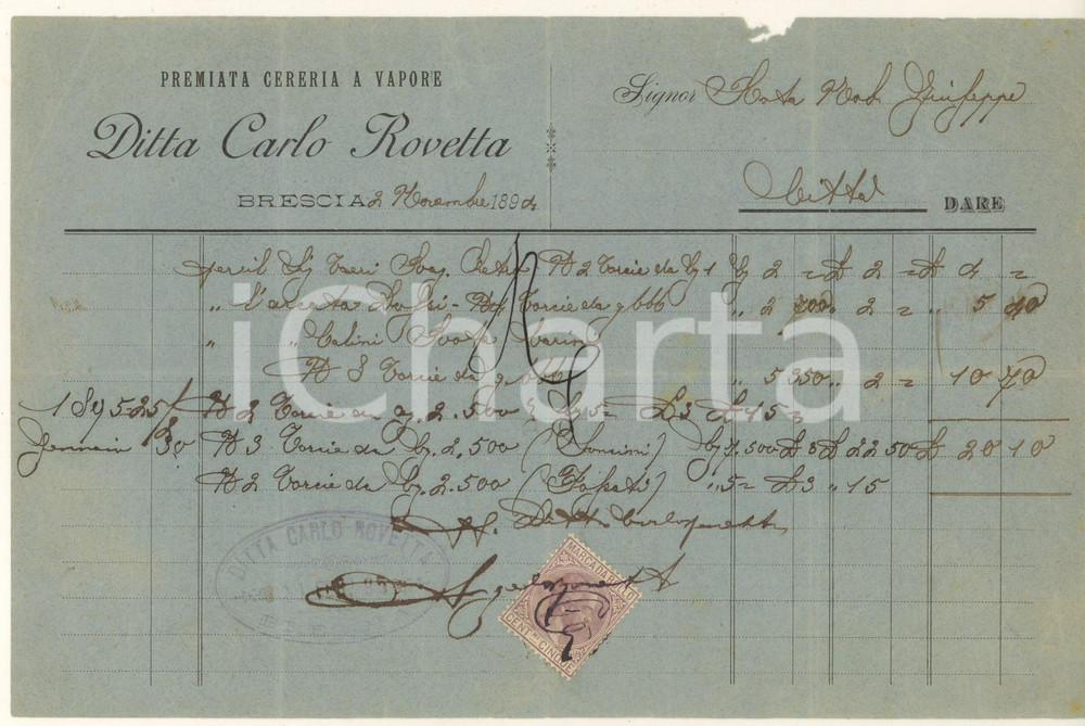 Documento originale, autentico 1894 BRESCIA Premiata Cereria a vapore Carlo ROVETTA  Fattura 1