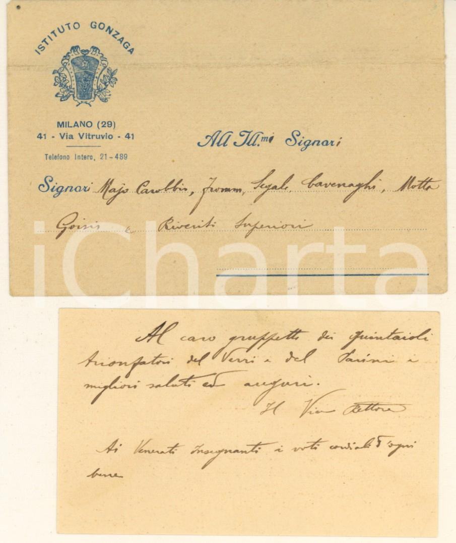 Oggetto da collezione cartaceo 1900 ca MILANO Istituto Gonzaga  Biglietto autografo Vice Rettore e busta 1
