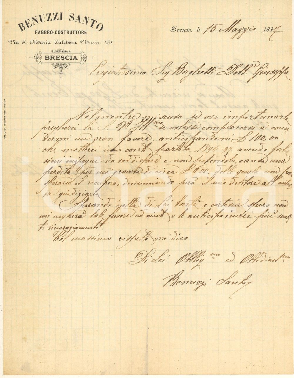 Documento originale, autentico 1897 BRESCIA  BENUZZI SANTO fabbro costruttore  Lettera per anticipo 1