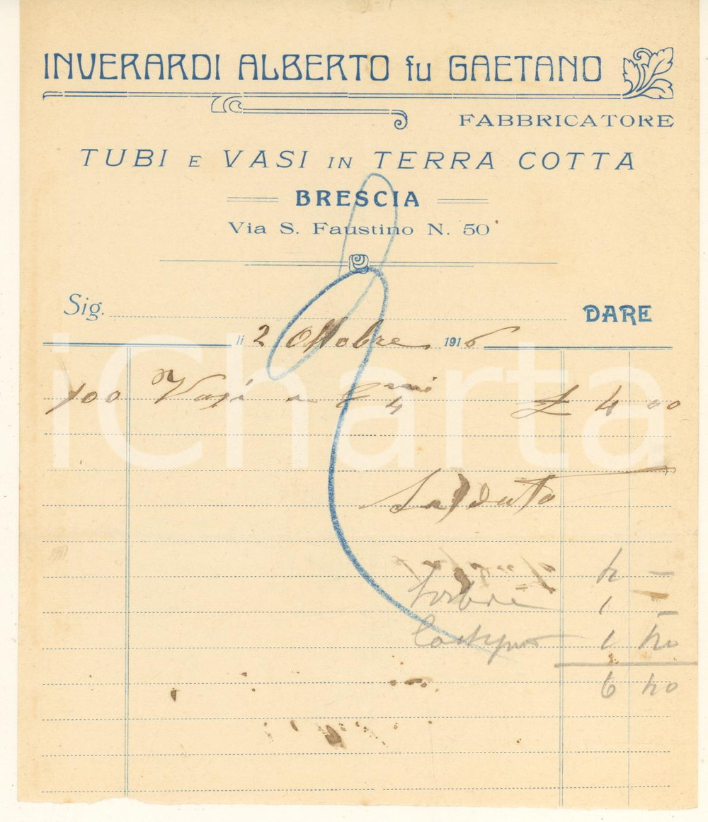 Documento originale, autentico 1916 BRESCIA Alberto INVERARDI fu Gaetano  Tubi e vasi in terracotta Fattura 1