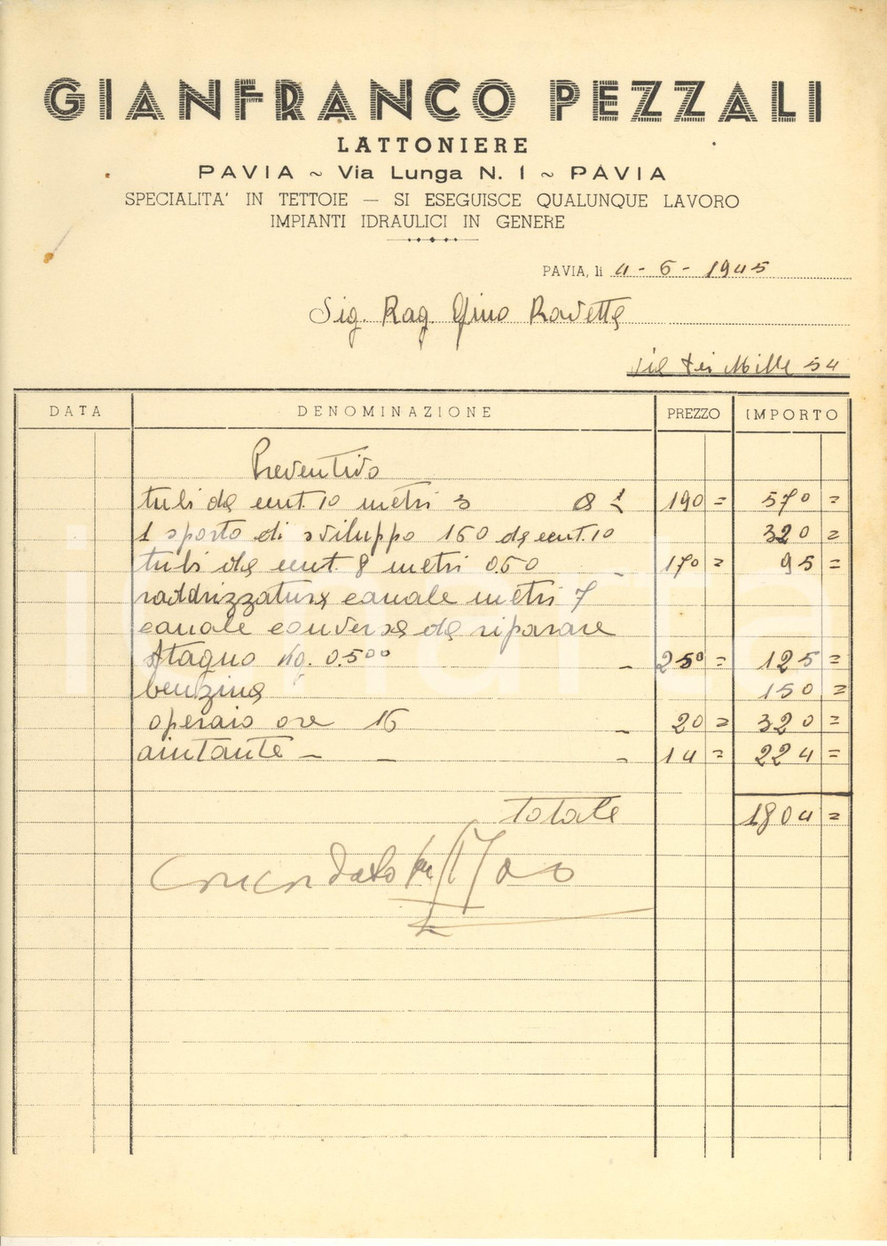 Documento originale, autentico 1945 PAVIA Gianfranco PEZZALI Lattoniere  tettoie Preventivo tubi 1