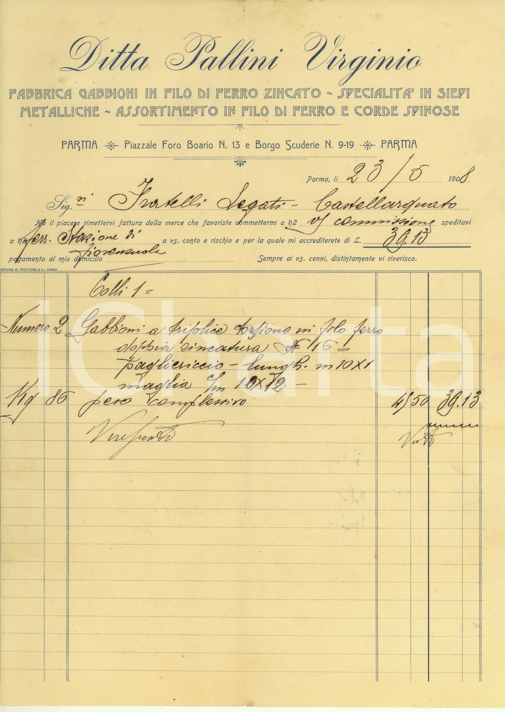 Documento originale, autentico 1908 PARMA Ditta PALLINI Virginio  Fabbrica gabbioni Fattura intestata 1