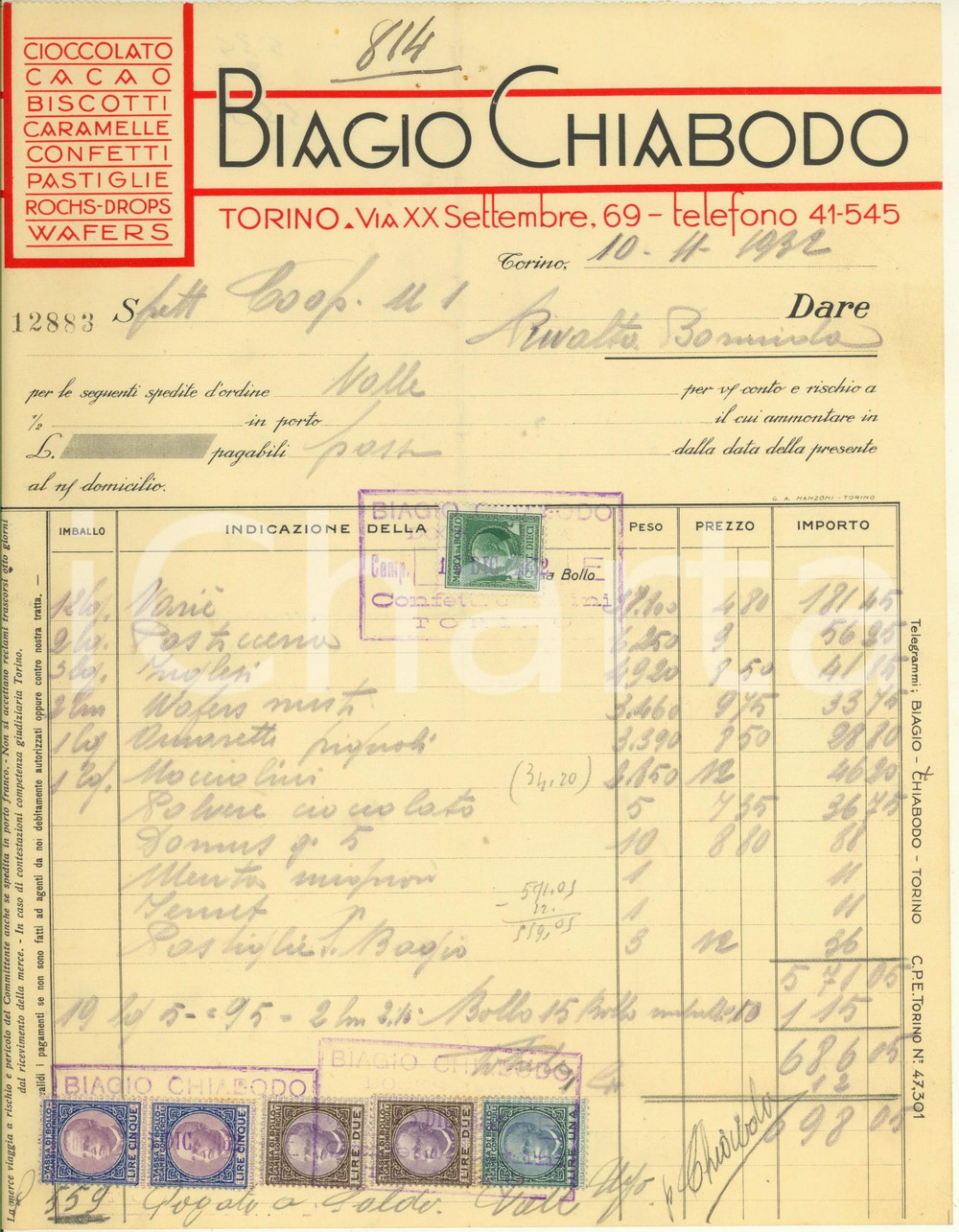 Documento originale, autentico 1932 TORINO via XX Settembre 69  Biagio CHIABODO Cioccolato  Fattura 1