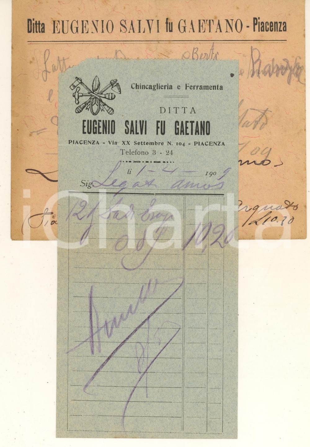 Documento originale, autentico 1909 PIACENZA Ditta Eugenio SALVI  Chincaglieria e ferramenta  Fattura 1
