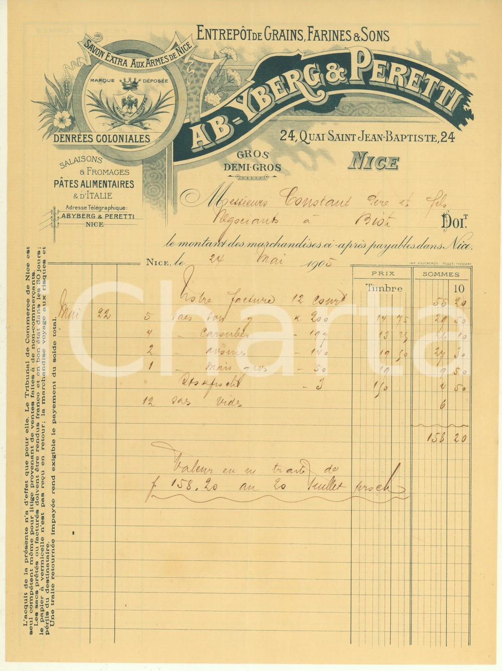 Documento originale, autentico 1905 NICE ABYBERG & PERETTI Denrées coloniales  Grains  Fattura 1