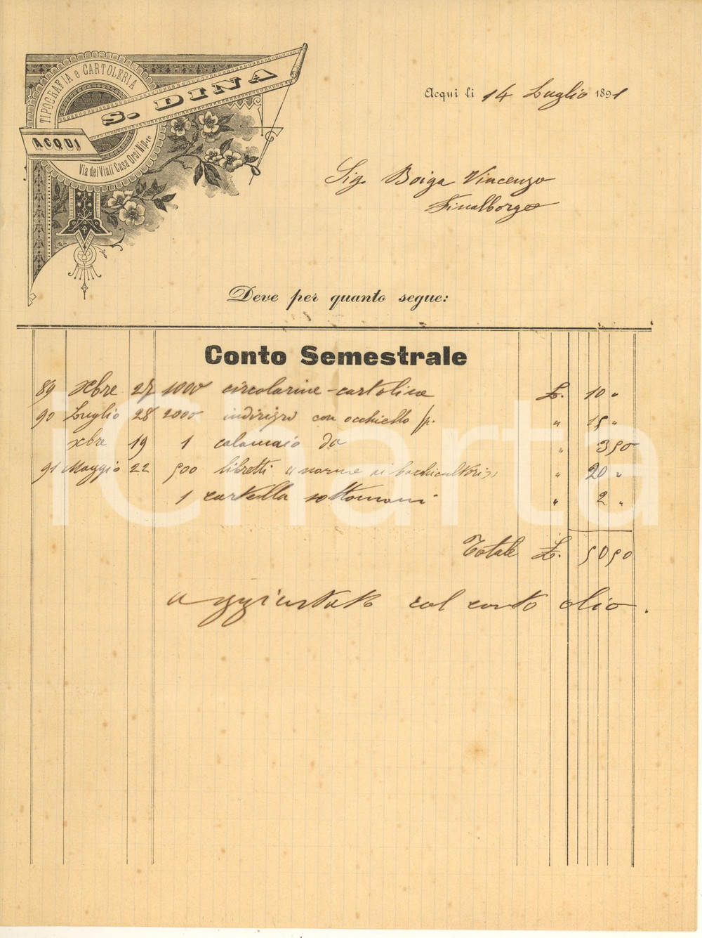 Documento originale, autentico 1891 ACQUI TERME  S. DINA Tipografia e cartoleria  Conto semestrale 1