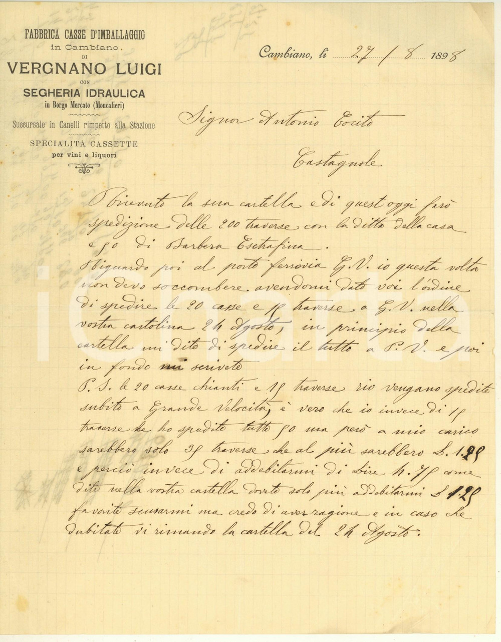 Documento originale, autentico 1898 CAMBIANO TO Luigi VERGNANO Fabbrica casse con segheria Lettera 1