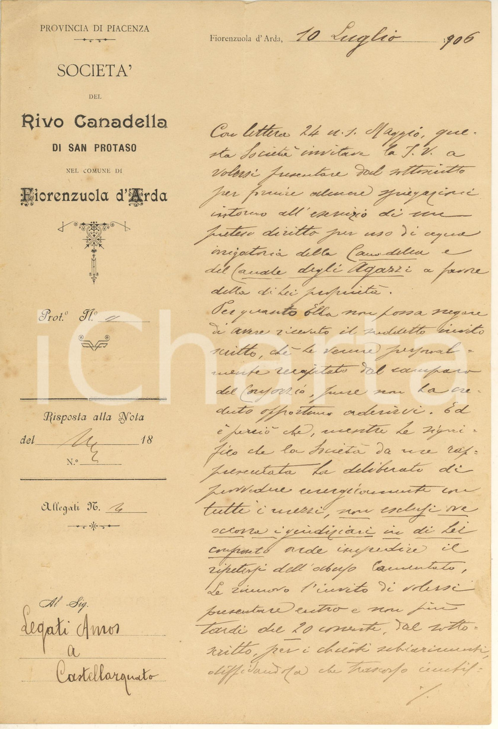 Documento originale, autentico 1906 FIORENZUOLA D ARDA Lettera Società RIVO CANADELLA  Ermenegildo DODI 1