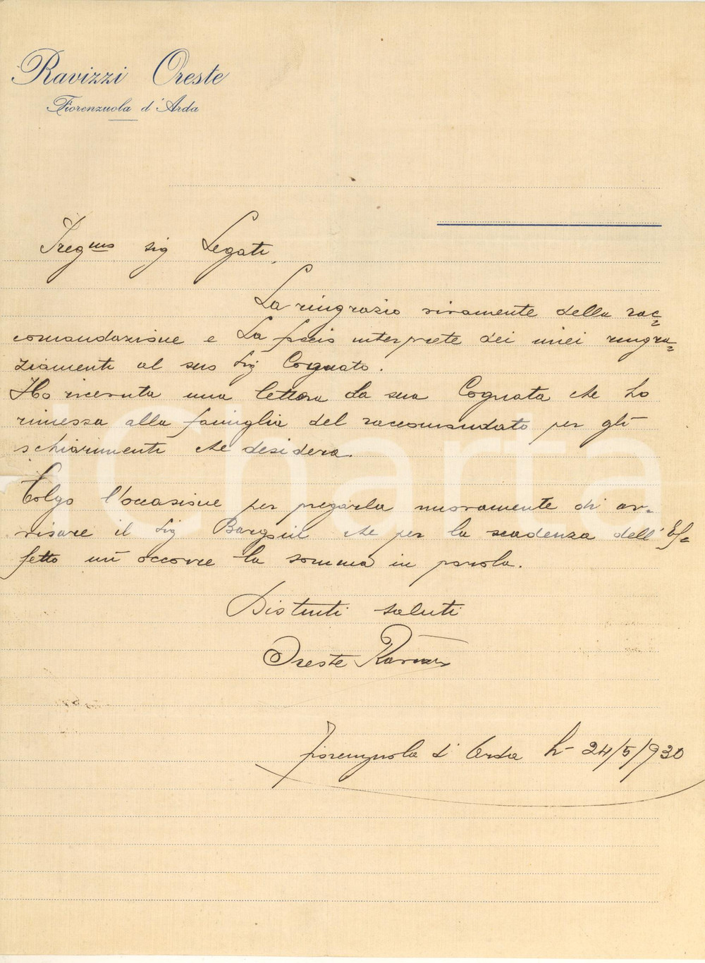 Documento originale, autentico 1930 FIORENZUOLA D ARDA Lettera Oreste RAVIZZI per ringraziamento 1