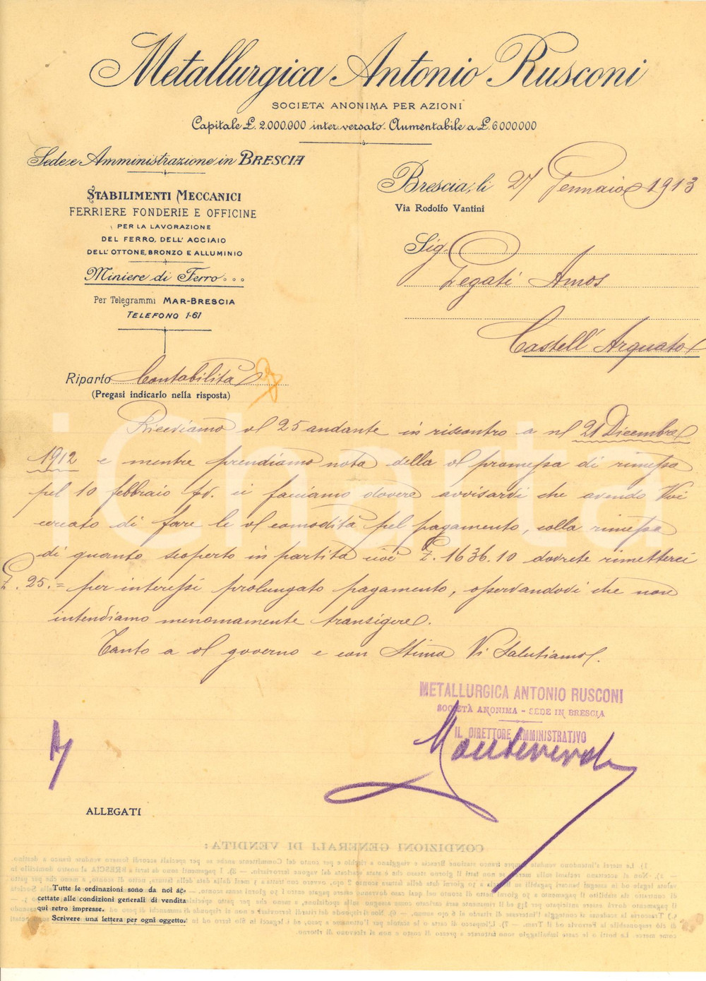 Documento originale, autentico 1913 BRESCIA Metallurgica Antonio RUSCONI  Lettera commerciale saldo 1