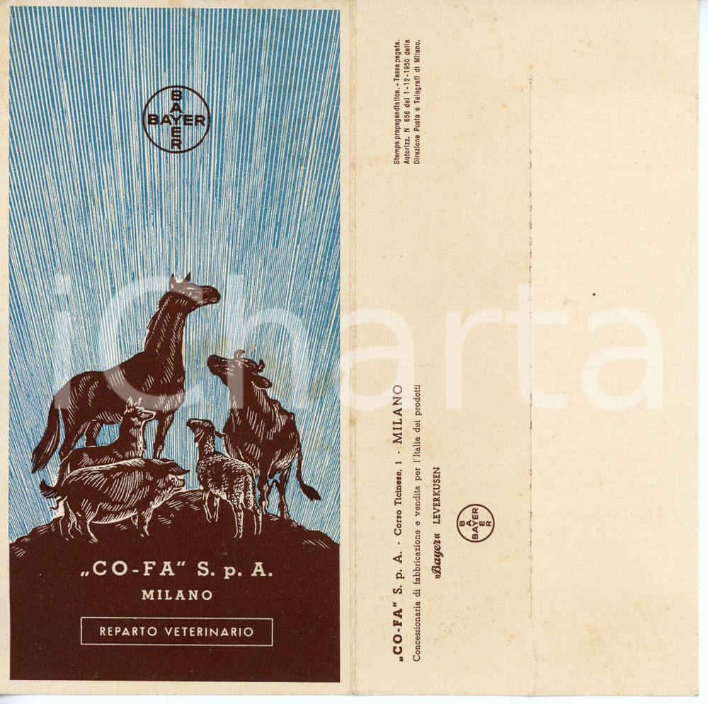 Materiale pubblicitario d’epoca 1950 ca MILANO  BAYER Reparto veterinario COFA Pieghevole illustrato 1