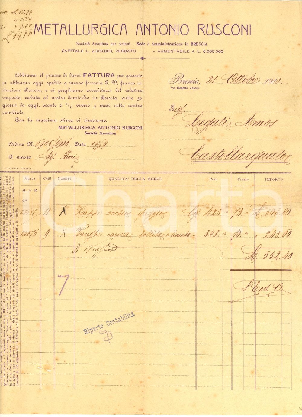 Documento originale, autentico 1910 BRESCIA via Vantini  Metallurgica Antonio RUSCONI  Fattura per zappe 1