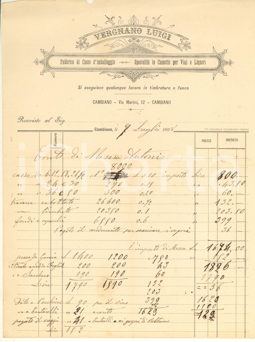 Documento originale, autentico 1898 CAMBIANO TO Luigi VERGNANO Fabbrica casse  Cassette per vini Fattura 1