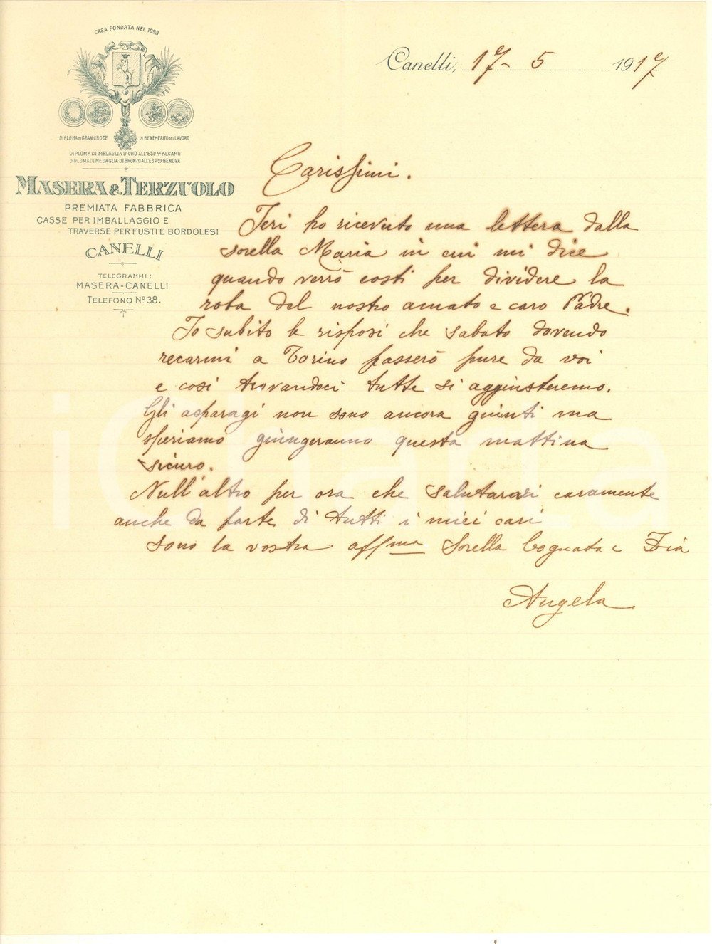 Documento originale, autentico 1917 CANELLI AT Ditta MASERA & TERZUOLO Casse imballaggio  Lettera eredità 1