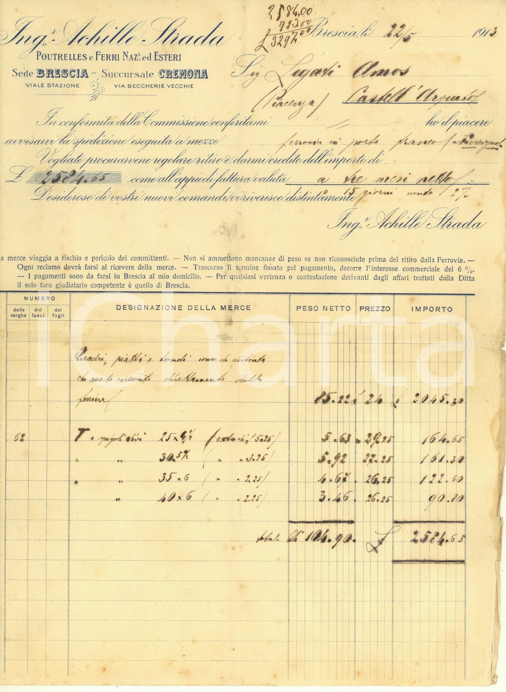 Documento originale, autentico 1913 BRESCIA Ing. Achille STRADA  Ferri e poutrelles  Fattura intestata 1