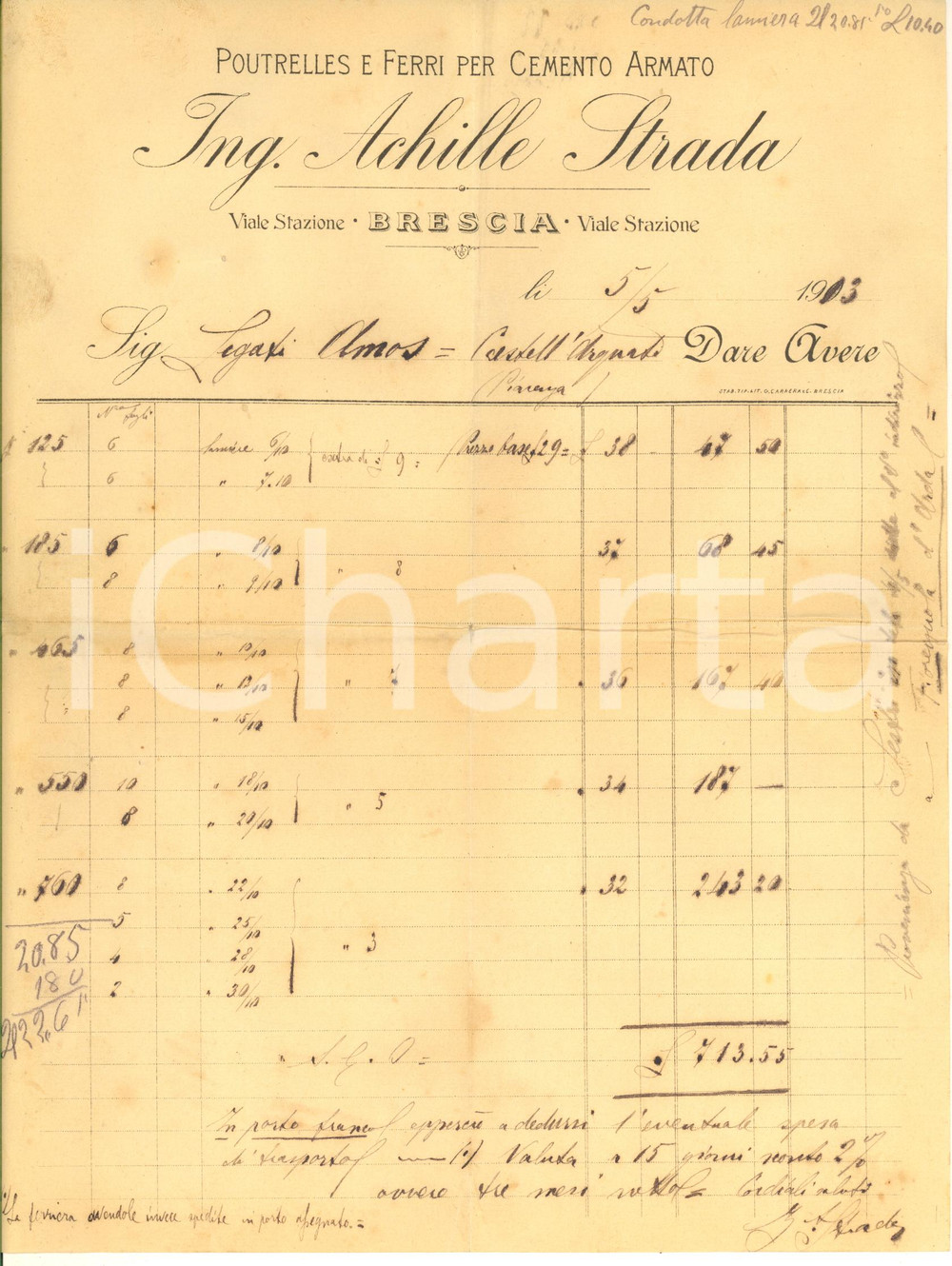 Documento originale, autentico 1913 BRESCIA Ing. Achille STRADA  Ferri e poutrelles  Fattura AUTOGRAFA 1