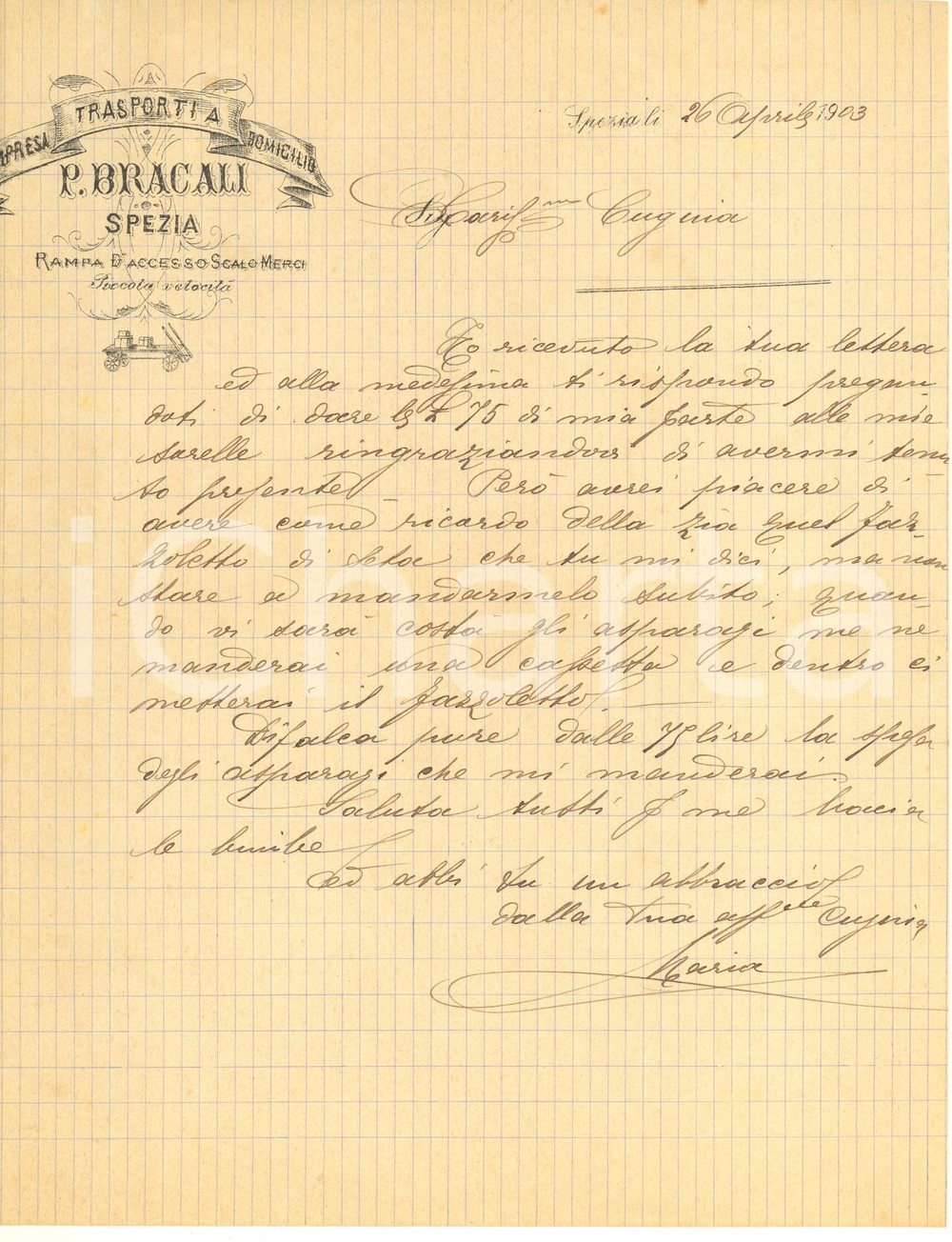 Documento originale, autentico 1903 LA SPEZIA P. BRACALI trasporti a domicilio  Lettera per cassetta asparagi 1