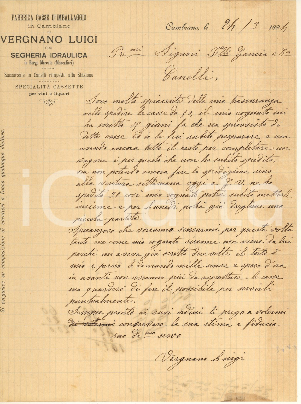 Documento originale, autentico 1894 CAMBIANO TO Luigi VERGNANO Fabbrica casse  Scuse per mancanza merce 1
