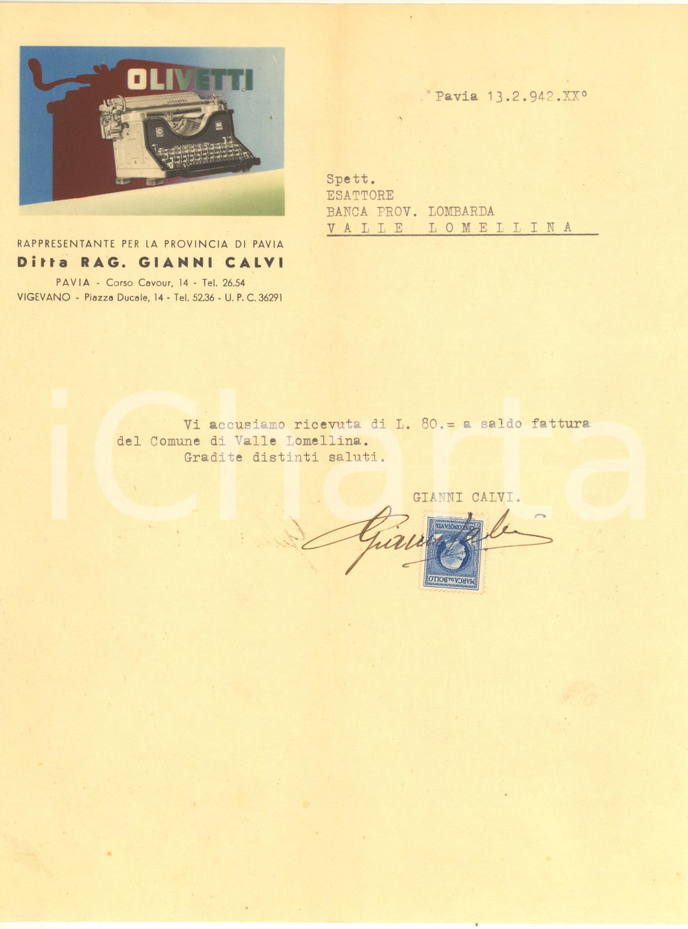 Documento originale, autentico 1942 PAVIA  Ditta Rag. Gianni CALVI rappresentante OLIVETTI  Lettera ricevuta 1