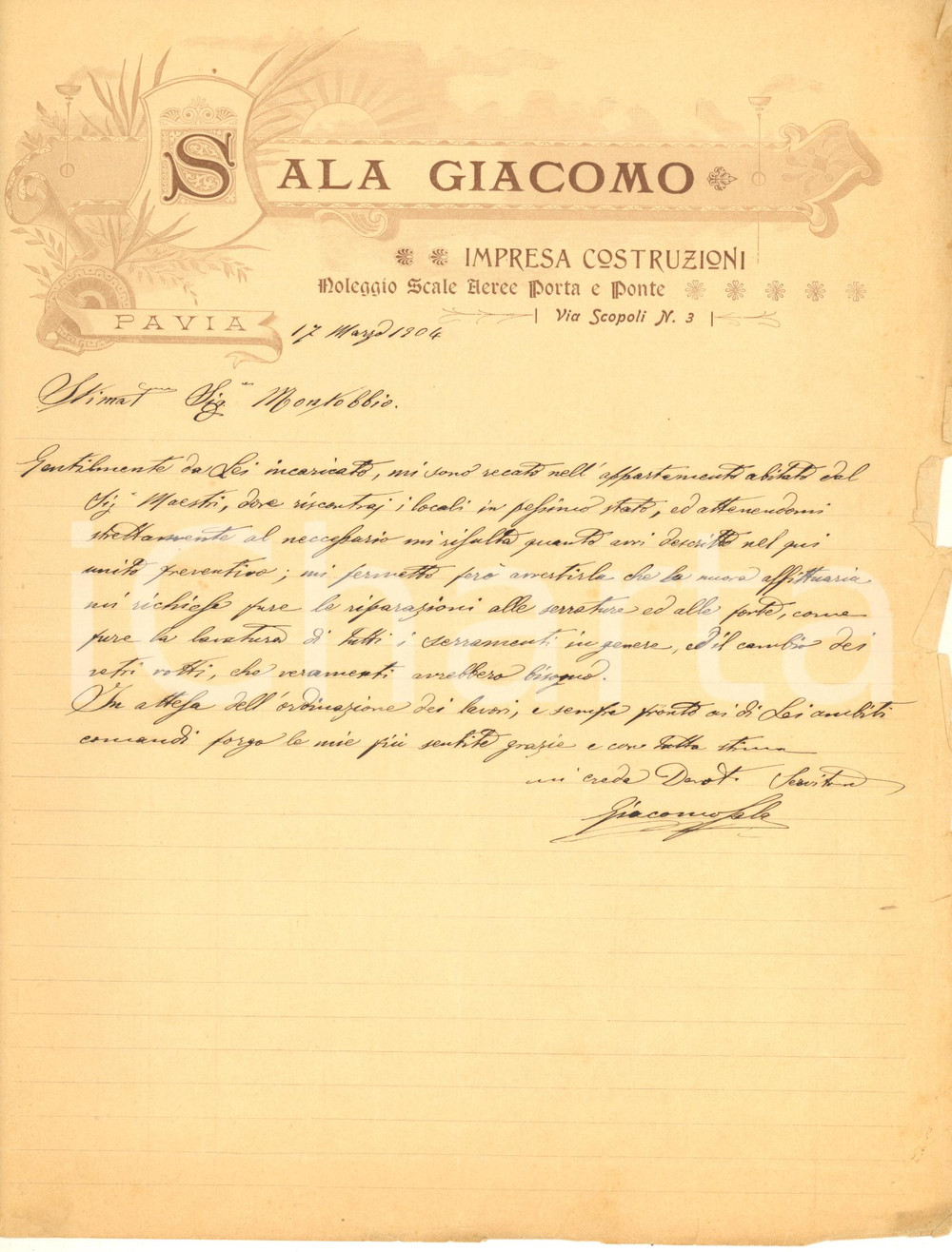 Documento originale, autentico 1904 PAVIA Giacomo SALA Impresa costruzioni  Lettera su alloggio danneggiato 1