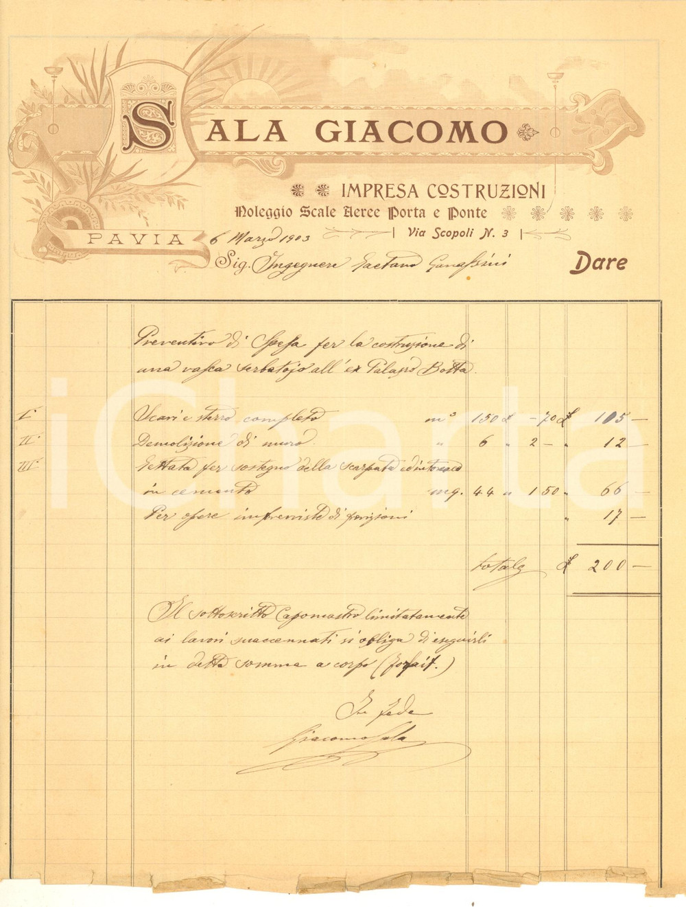 Documento originale, autentico 1903 PAVIA Giacomo SALA Impresa costruzioni  Preventivo per vasca serbatoio 1