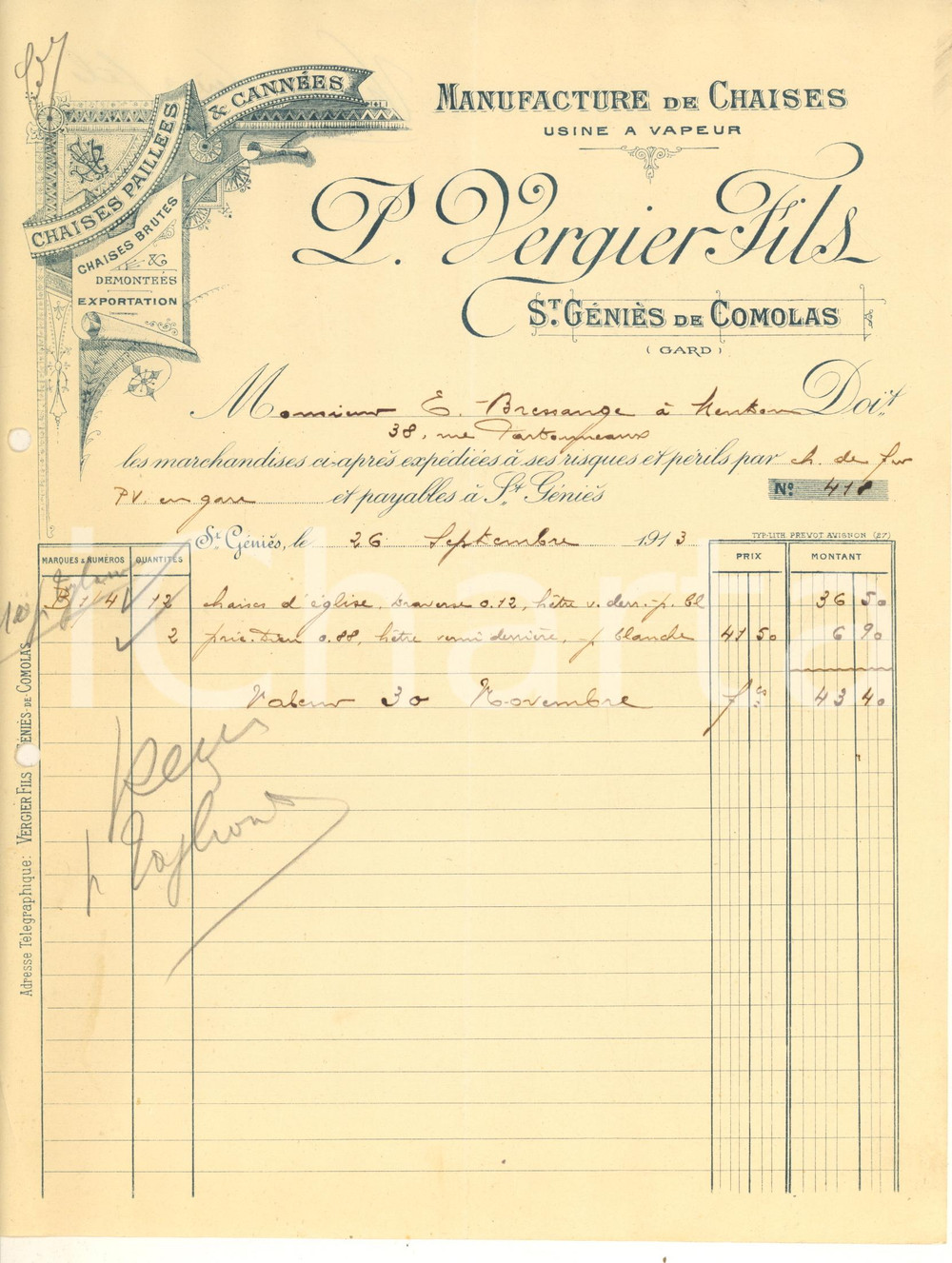 Documento originale, autentico 1914 ST. GENIES DE COMOLAS F Chaises P. VERGIER Fils  Fattura per sedie 1