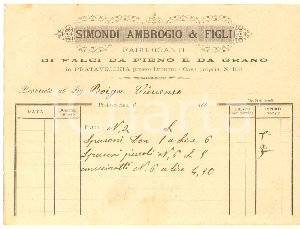 Documento originale, autentico 1880 ca PRADLEVES CN Ambrogio SIMONDI & Figli  Falci da fieno Fattura 1