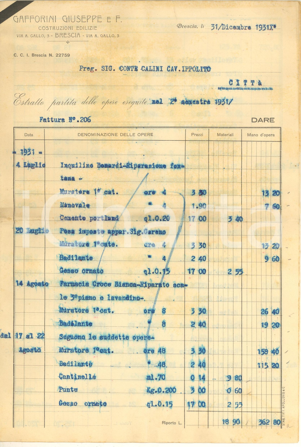 Documento originale, autentico 1931 BRESCIA  GAFFORINI Giuseppe  Costruzioni edilizie Fattura opere 1