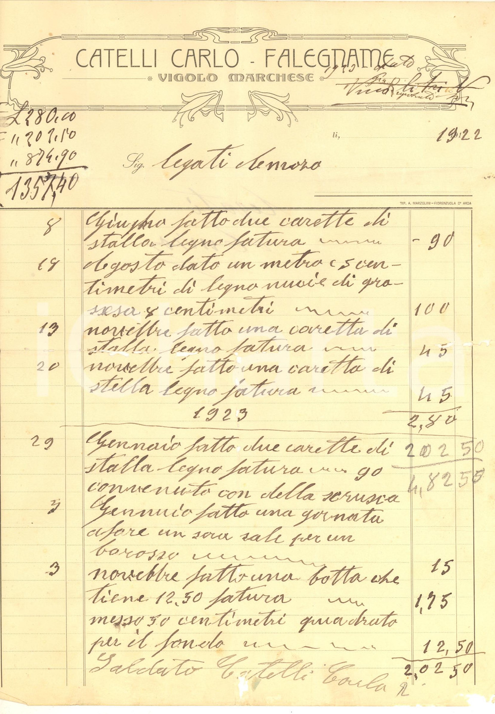 Documento originale, autentico 1922 VIGOLO MARCHESE PC Carlo CATELLI Falegname Fattura lavori 1